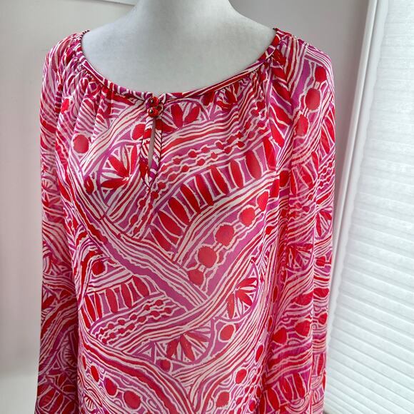 Trina Turk Pink Purple Small Silk Blend Resortwear Flowy Blouse Boho Coastal - Picture 2 of 7